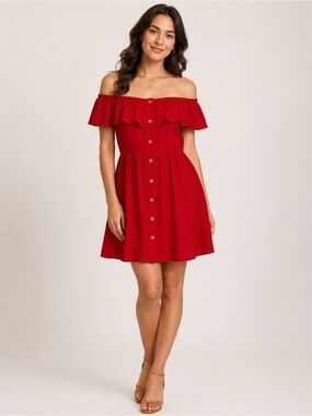 Gianni Bini Mini Dress Med Red Linen Off The Shoulder Fit & Flare Tomato Girl